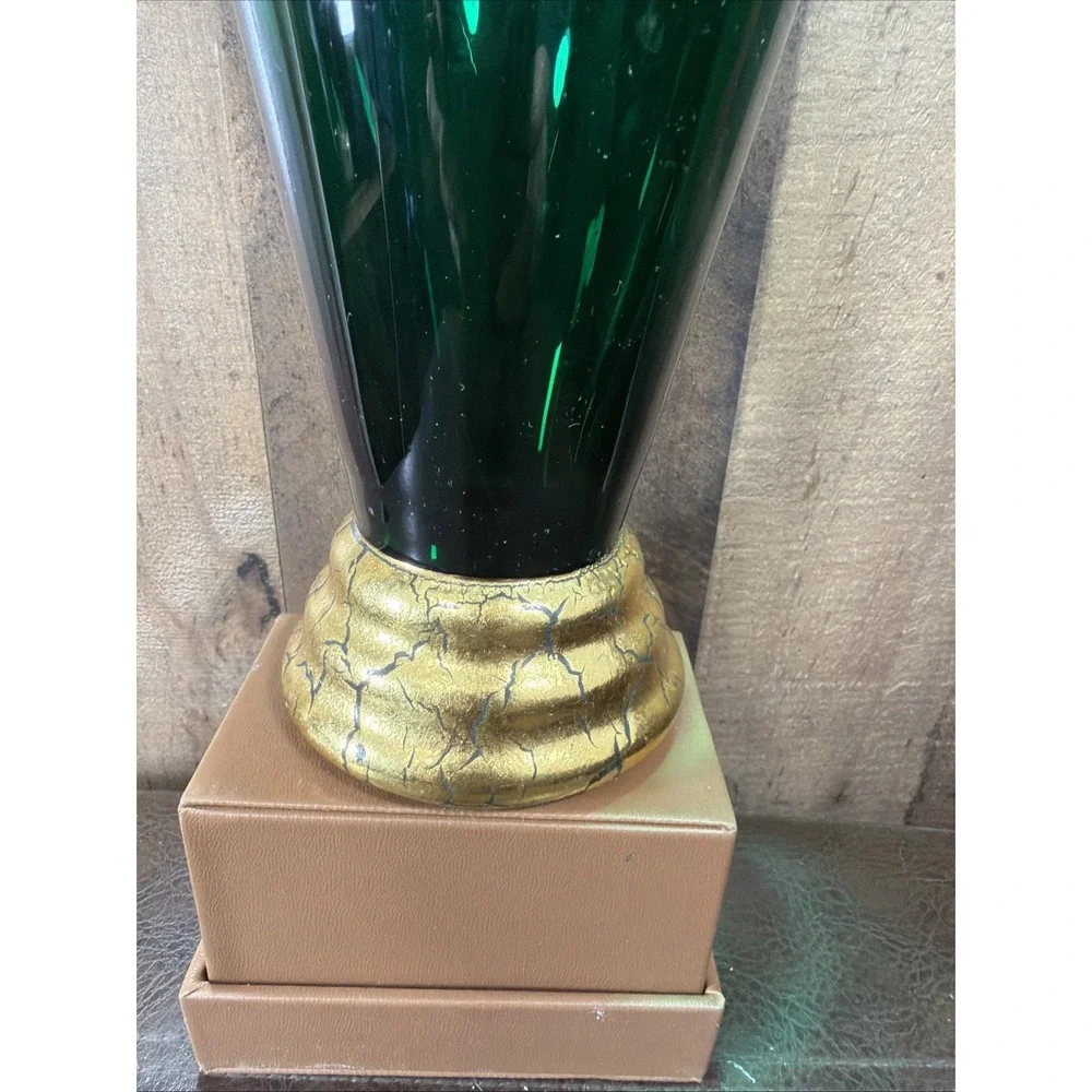 Cristallerie Emerald Green Glass Trumpet Vase Gilded Pedestal Base Vtg Italy 11